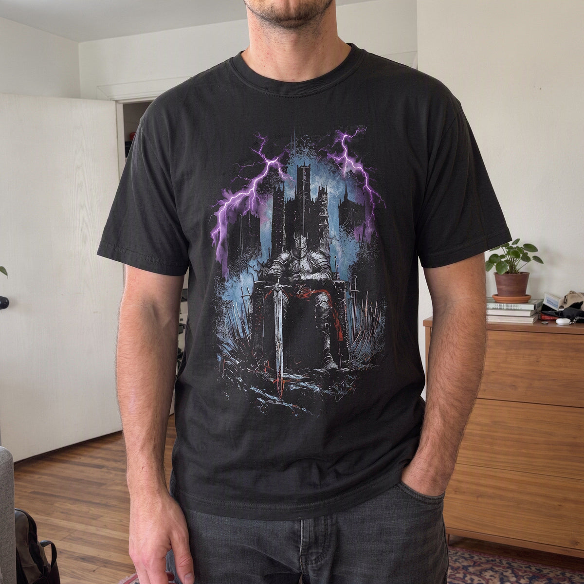 Knight's Throne dark fantasy T-shirt lifestyle image