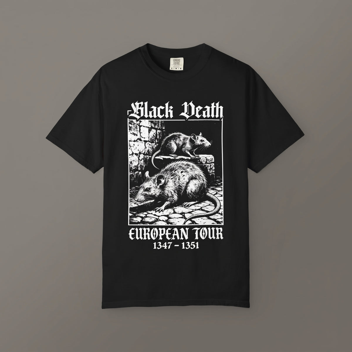 Black Black Death European Tour T-shirt with vintage plague rat artwork
