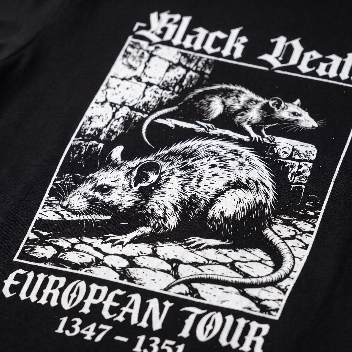 Closer view of Black Death European Tour artwork on black T-shirt