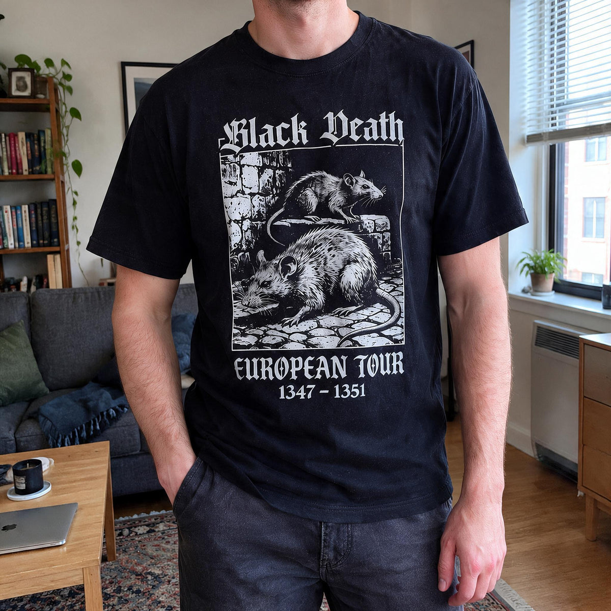 Black Death European Tour graphic T-shirt lifestyle photo