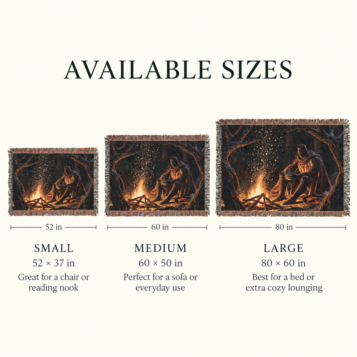 Knight's Vigil woven blanket size guide showing three available dimensions