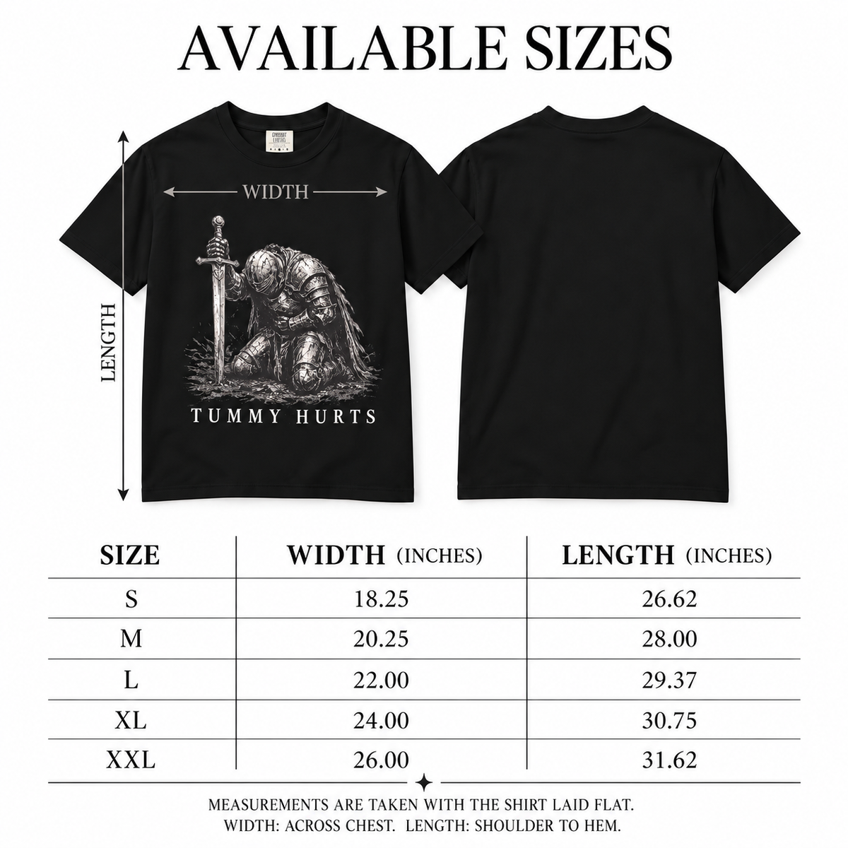 Size chart showing available T-shirt sizes and measurements