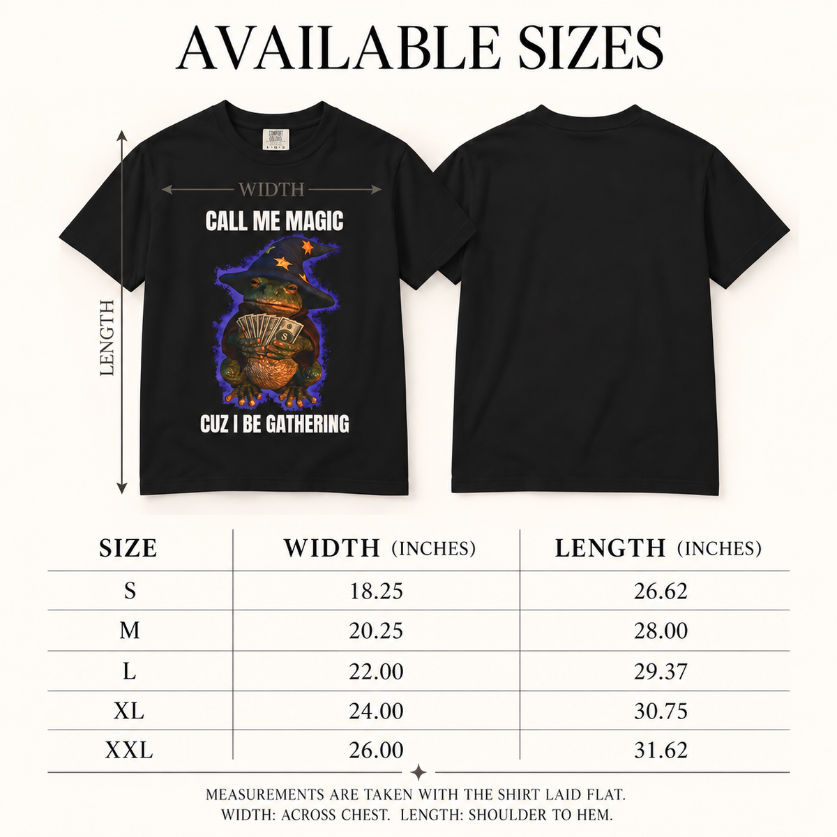 Frog wizard T-shirt sizing guide and garment measurements