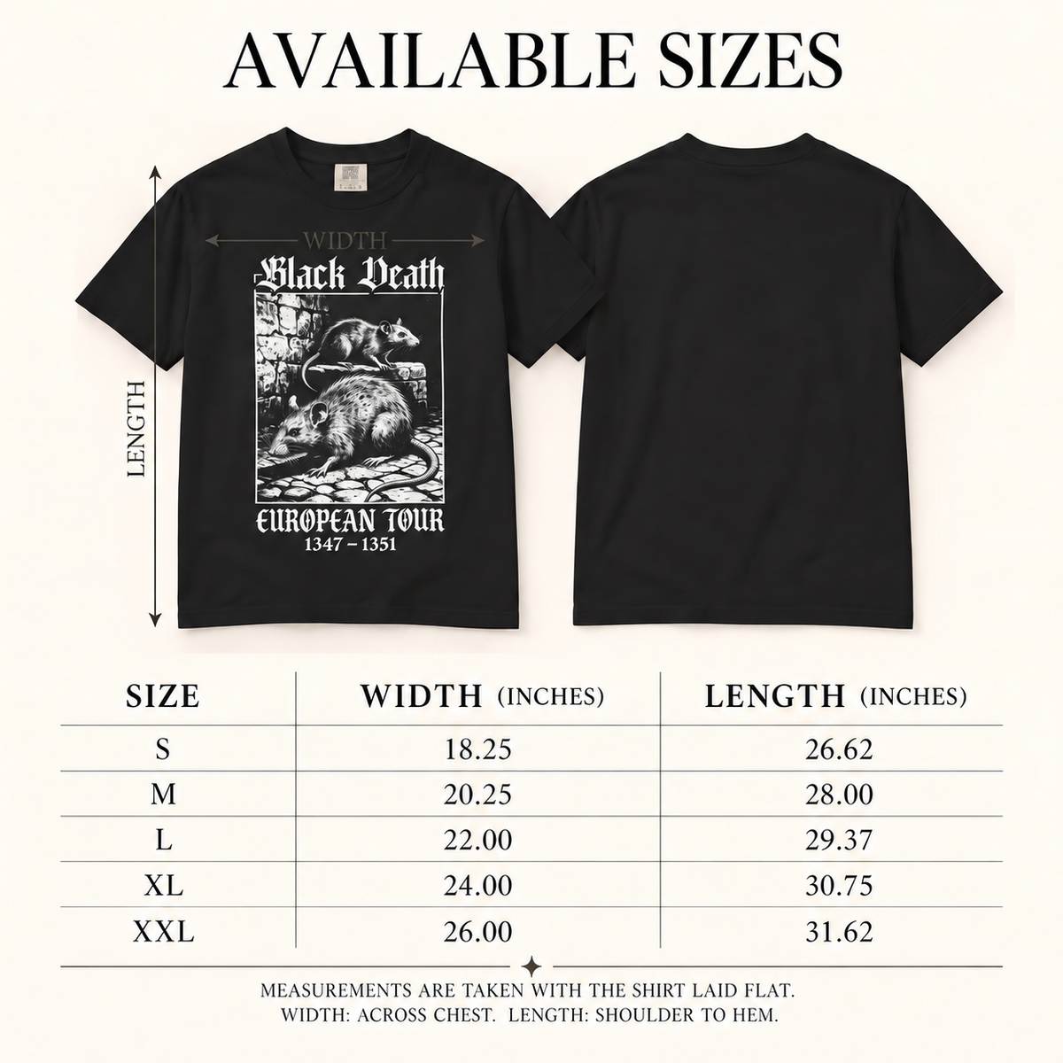 Black Death graphic T-shirt size chart and measurements
