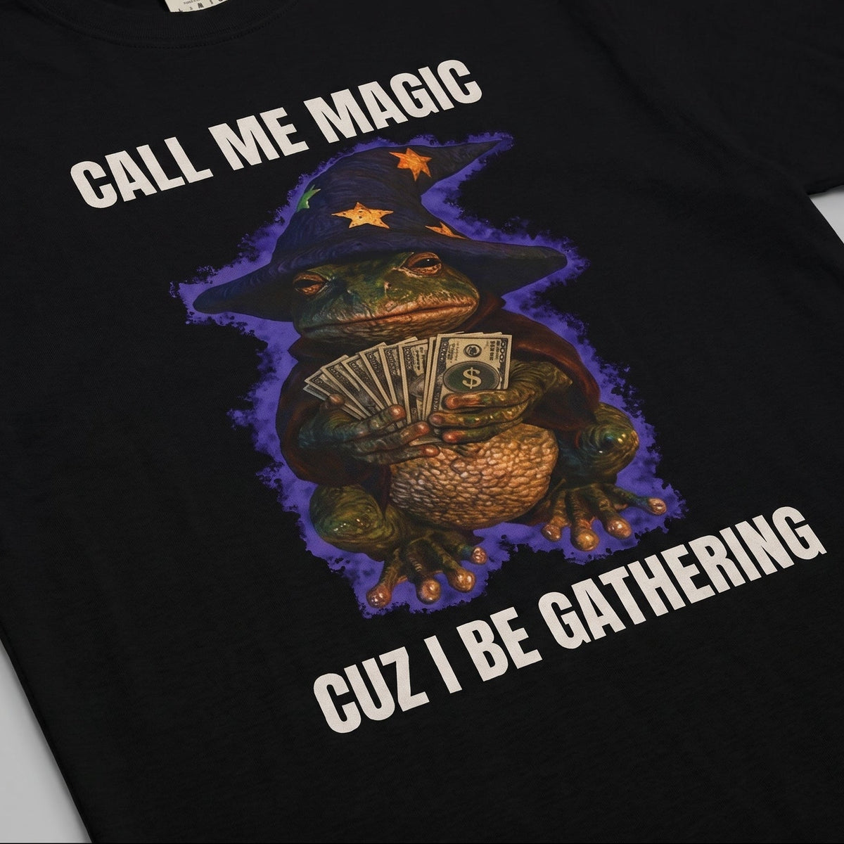 Black frog wizard graphic T-shirt product photograph