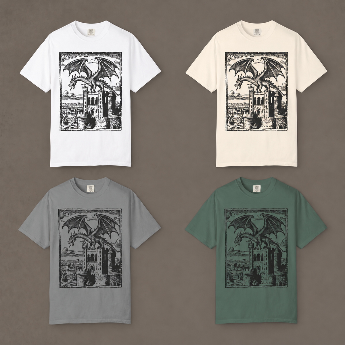 Dragon's Keep design shown on four T-shirt color options