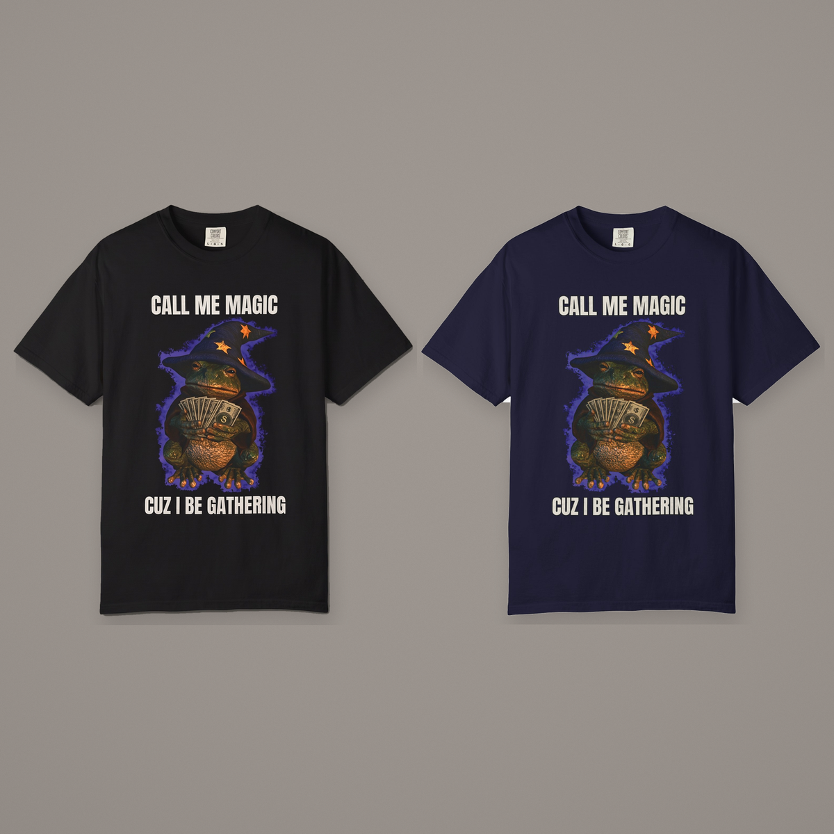 Black and navy color options for frog wizard graphic T-shirt