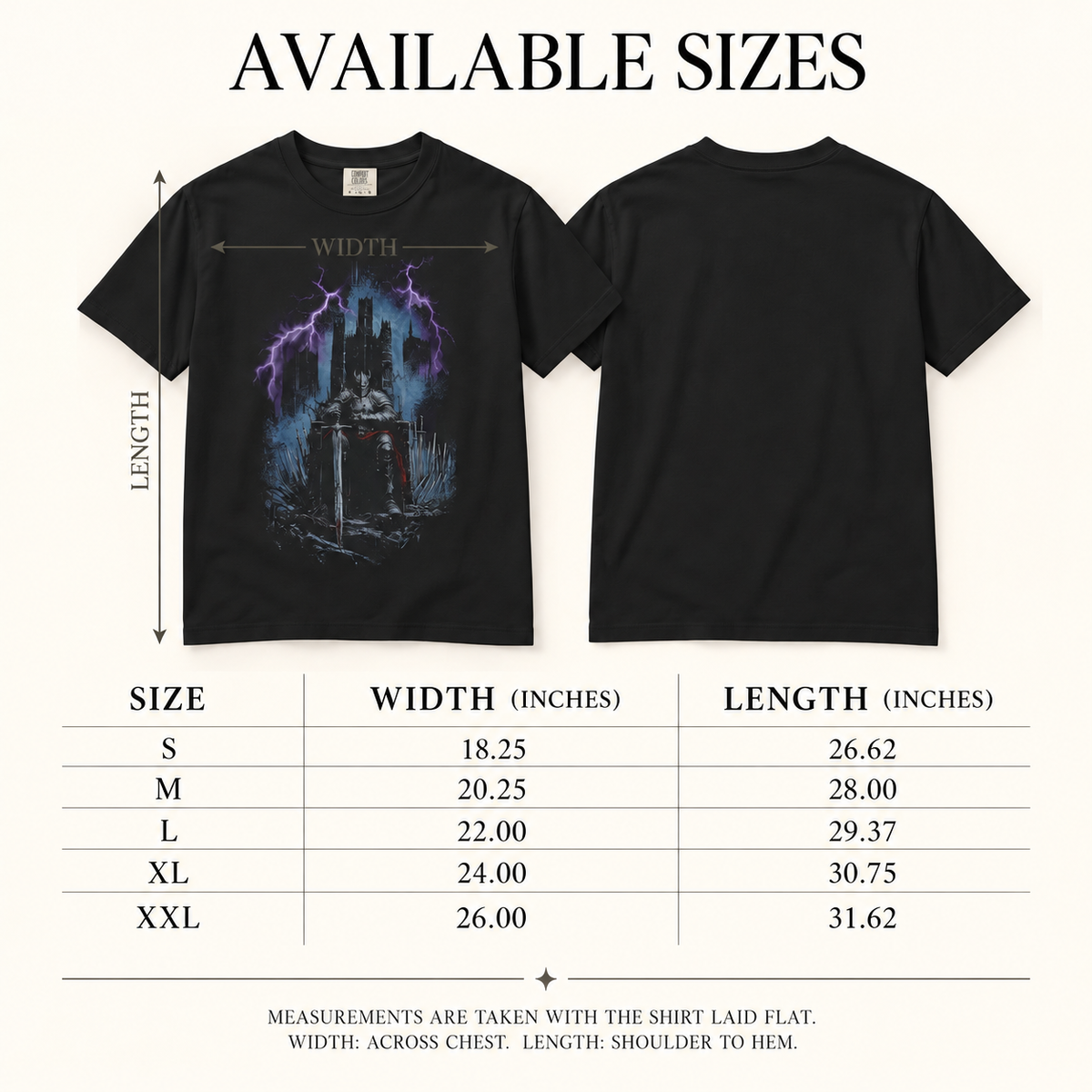T-shirt sizing chart with available sizes and garment measurements