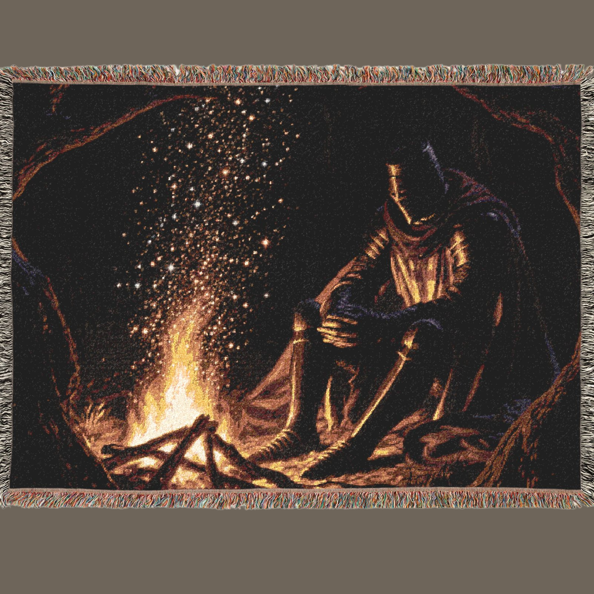 Knight's Vigil woven blanket with seated knight beside a glowing campfire in a dark forest