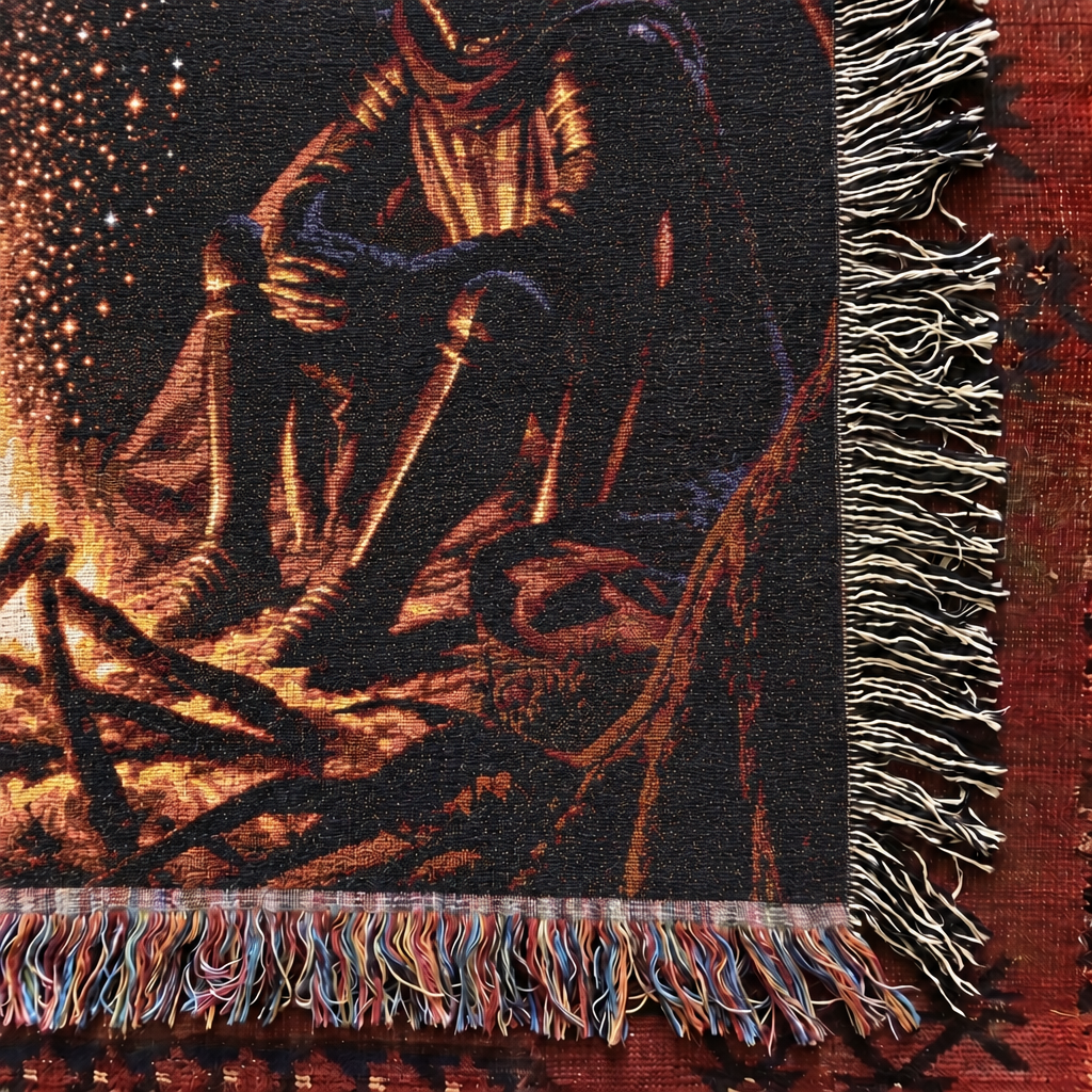 Woven cotton corner and fringe detail of Knight's Vigil fantasy blanket